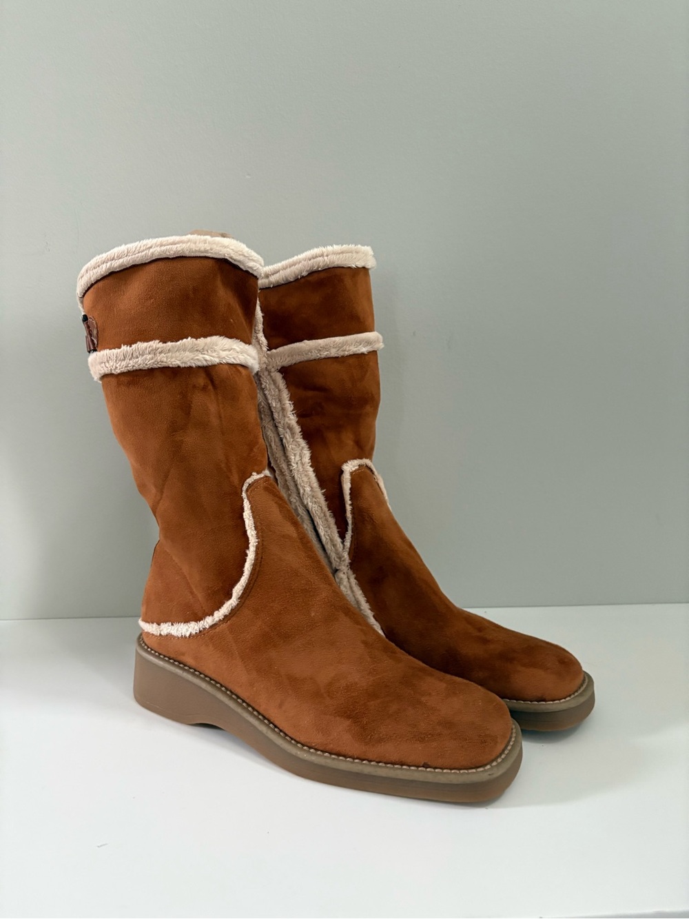 Franco Sarto Sport Cognac Brown Faux Suede Shearling Trim Mid-Calf Boots